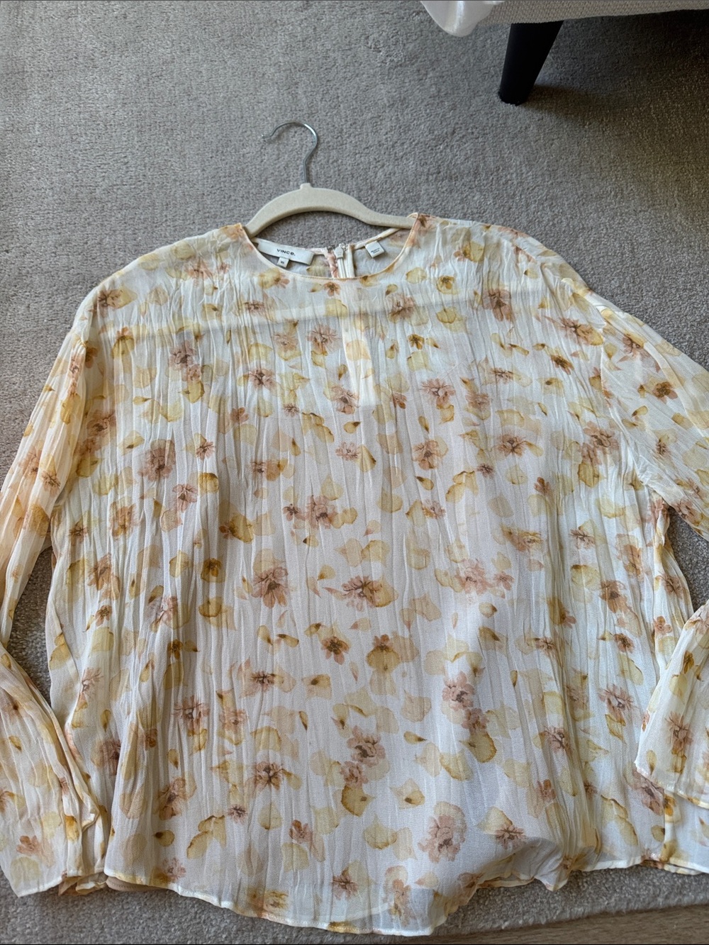 Floral Pleated Long-Sleeve Blouse - Yellow/Peach silk